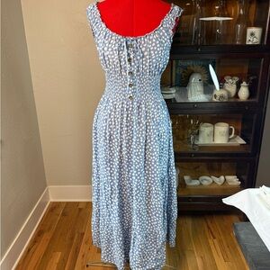 OSTOO Blue White Polka Dot Smocked Midi Dress Sleeveless Ruffle Trim Size L